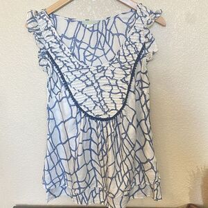 Lil 100% Silk Womens Flutter Sleeve Blouse Blue White Nautical Rope Net Print 10